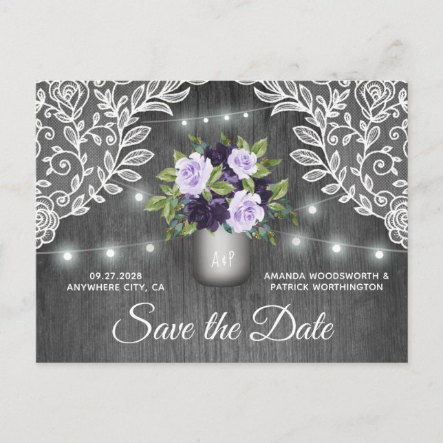 Lila Silver Mason Jar Wedding Save the Date Ankündigungspostkarte (Vorderseite)