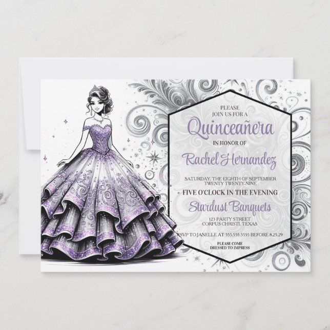 Lila & Silver Quinceañera Girl Einladung (Vorderseite)