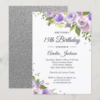 Lila Silver Sparkle Floral 15. Geburtstag Einladun Einladung