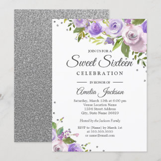 Lila Silver Sparkle Floral 16 . Geburtstag Einladu Einladung