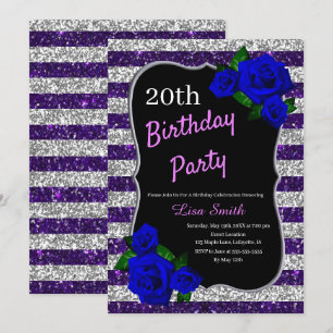 Lila Silver Stripes Glitzer Deep Blue Rose Einladung