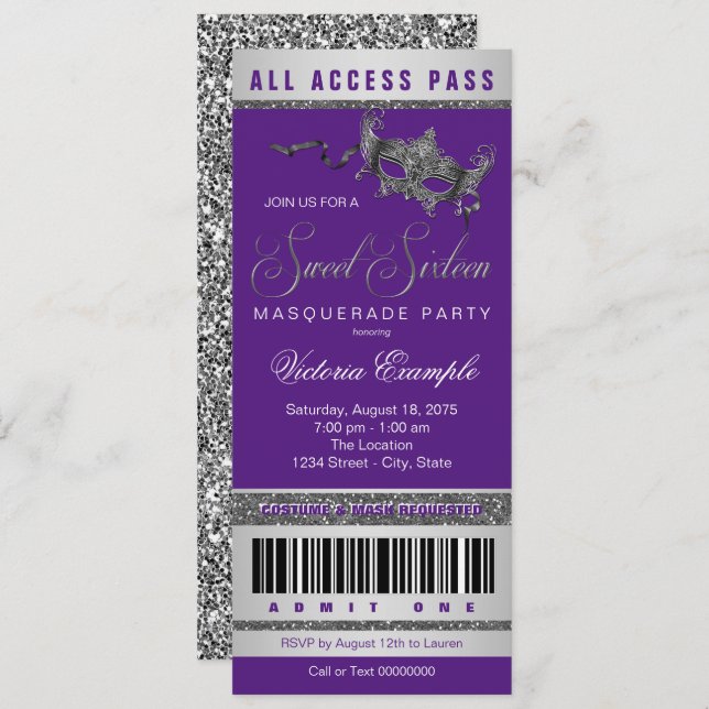 Lila Silver Sweet 16 Masquerade Party Ticket Einladung (Vorne/Hinten)