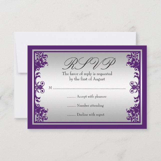 Lila Silver Vintager Blüh Scroll Wedding RSVP Karte (Vorderseite)