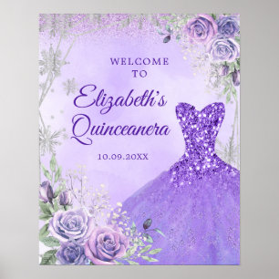 Lila Silver Winter Floral Quinceañera Willkommen Poster