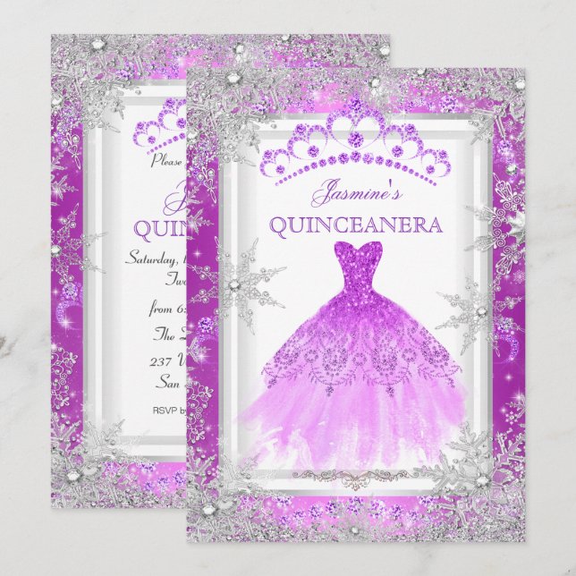 Lila Silver Winter Wonderland Quinceanera Party Einladung (Vorne/Hinten)