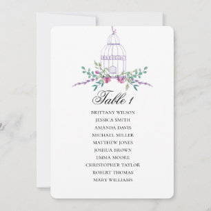 Lila Sitzplan für Vogelkäfig. Florales Hochzeitsko Einladung