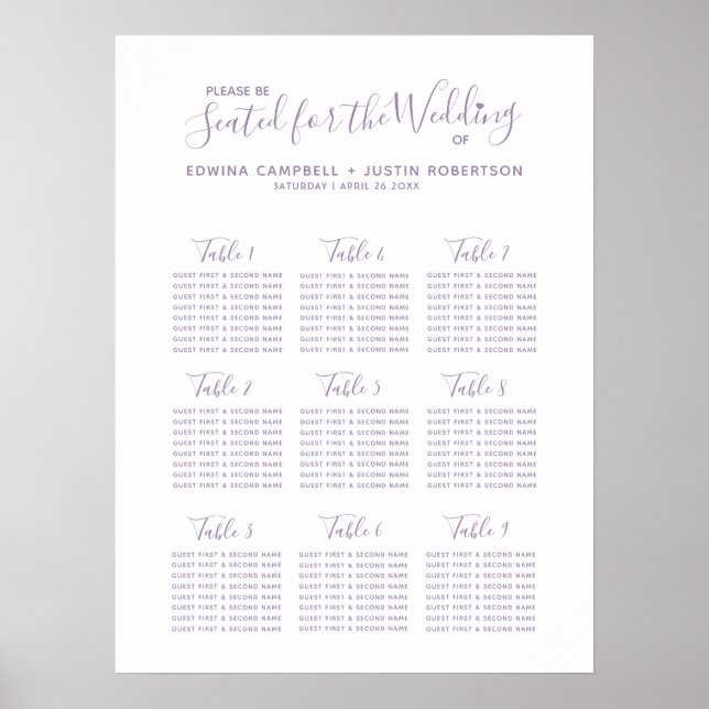 Lila Skript Herz Art Hochzeitstisch Plan Poster (Vorne)