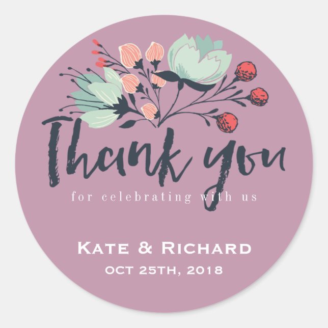 Lila Skript Vielen Dank, Floral Wedding Sticker (Vorderseite)