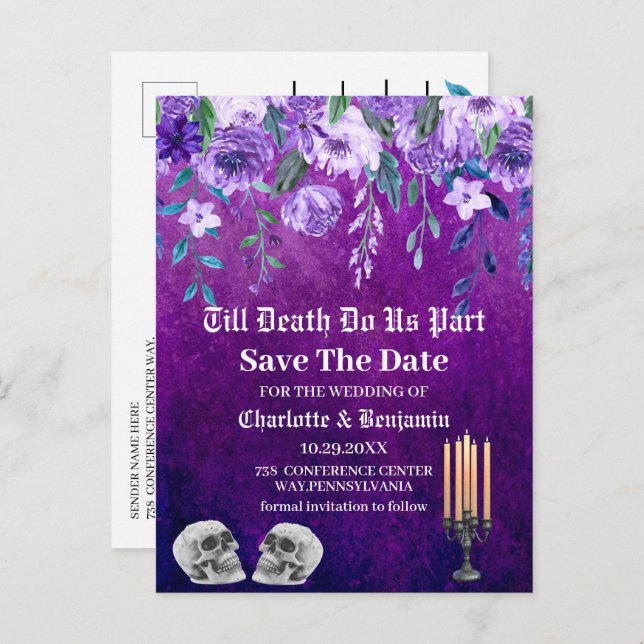 Lila Skull Save the Date Halloween Hochzeit Ankündigungspostkarte (Vorne/Hinten)
