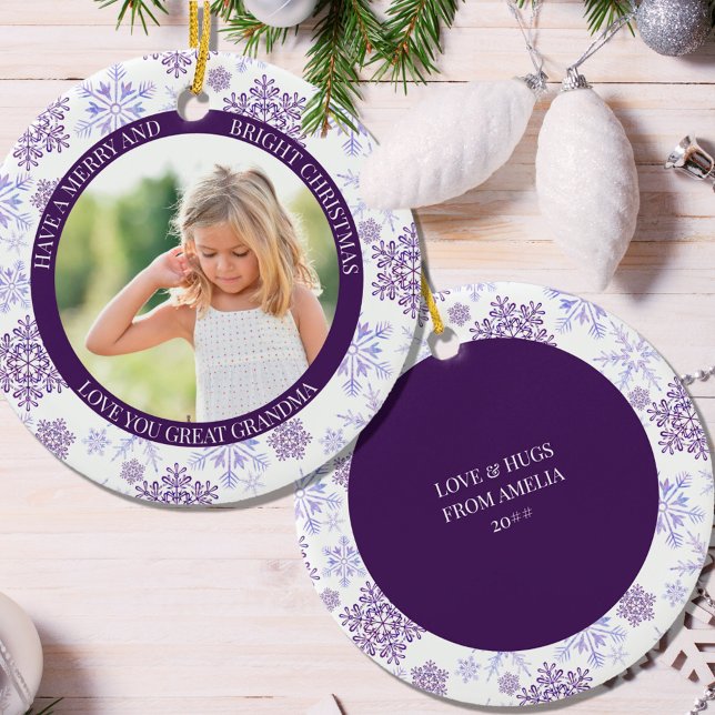 Lila Snowflake Merry Bright und Weihnachten Foto Keramik Ornament (Von Creator hochgeladen)