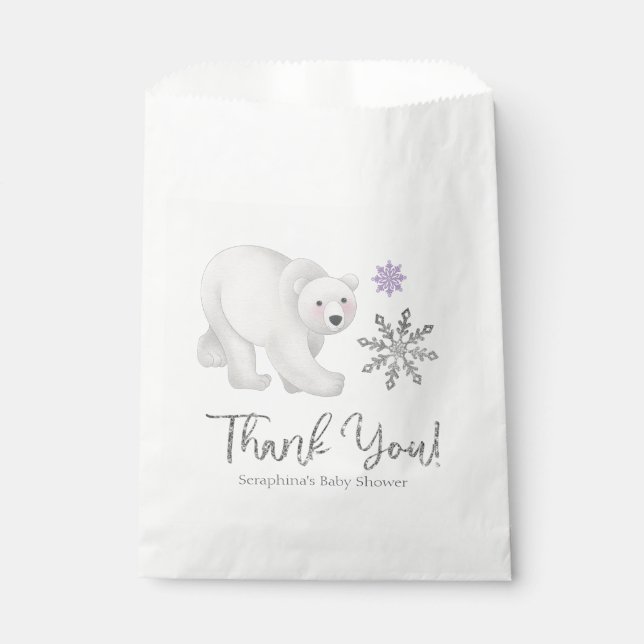 Lila Snowflake Polar Bear Baby Dusche Vielen Dank Geschenktütchen (Vorderseite)