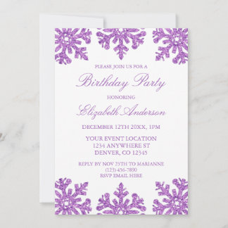 Lila Snowflake WinterGeburtstagsparty Einladung