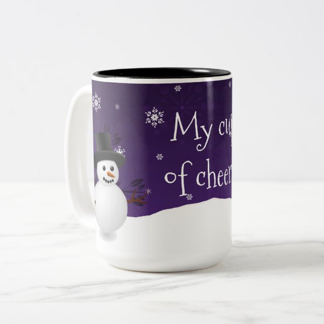 Lila Snowman Winter Scene Weihnachtsfeier Tasse (Vorderseite Links)