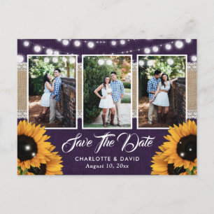 Lila Sonnenblumen-Hochzeit 3 Foto Save The Date Ankündigungspostkarte