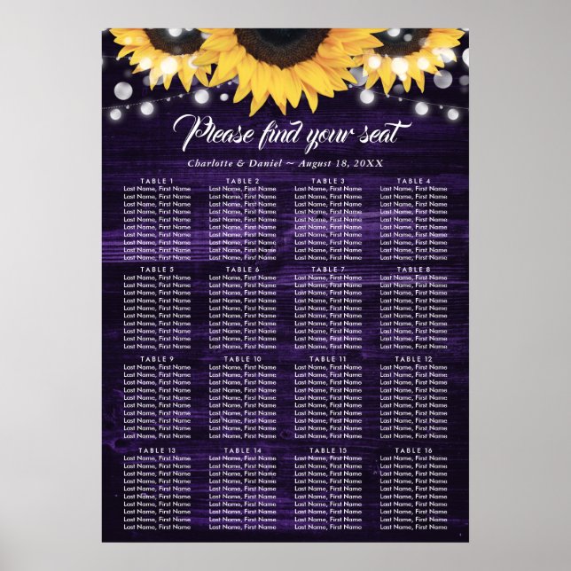 Lila Sonnenblumen-Hochzeitssitzplan 16 Poster (Vorne)