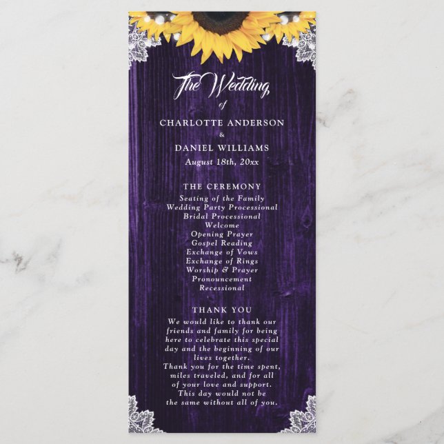 Lila Sonnenblumen-Holz-Blumen-Spitze Hochzeitsprog Programm (Vorderseite)