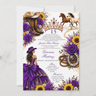 Lila Sonnenblumen-Rosen-Vaquera-Quinceañera Einladung