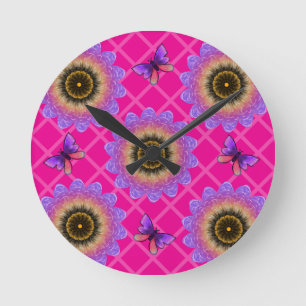 Lila-Sonnenblumen- und Schmetterlingsmuster aus Sa Runde Wanduhr