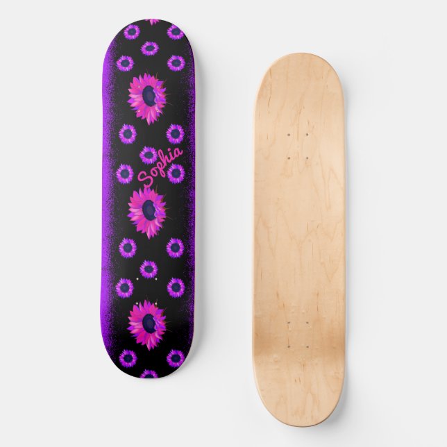Lila Sonnenblumensparkle Personalisiert Skateboard (Vorderseite)