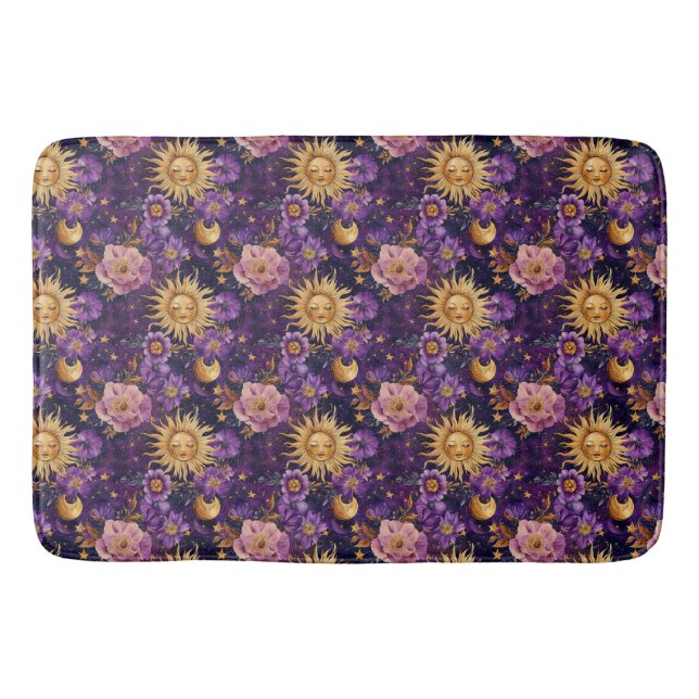 Lila Sonnenmond und Sterne Badematte (Vorderseite)