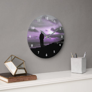 Lila Sonnenuntergang & Silhouette Große Wanduhr