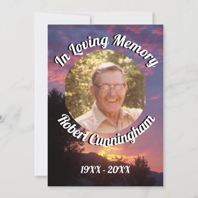 Lila Sonnenuntergang und Foto-Liebesgedächtnis Einladung (Vorderseite)