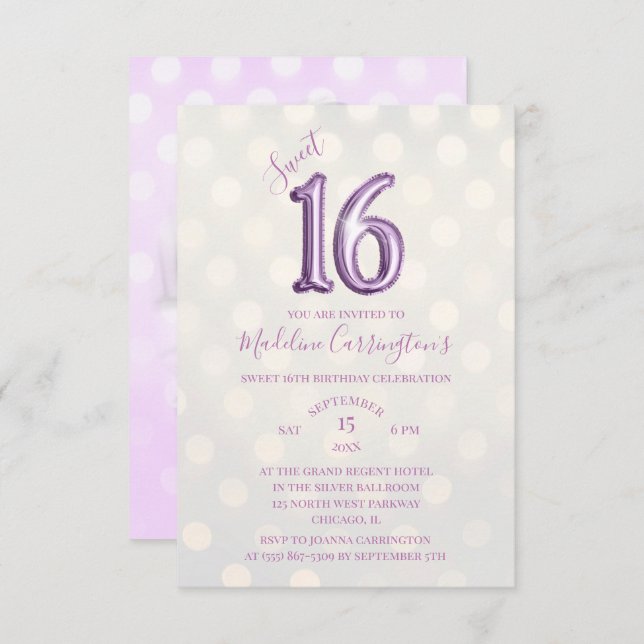 Lila Sparkle Foil Sweet 16 Geburtstag Foto Einladung (Vorne/Hinten)