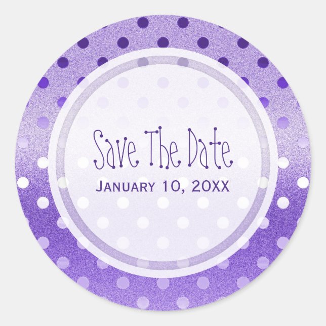 Lila Sparkle: Polka-Punkte: Save the Date Sticker (Vorderseite)