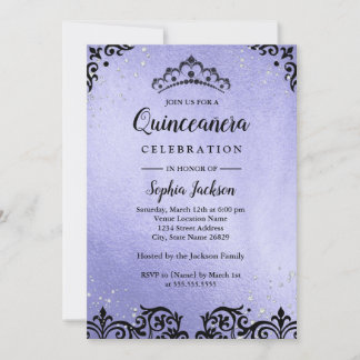 Lila Sparkle Tiara Damask Quinceanera Einladung