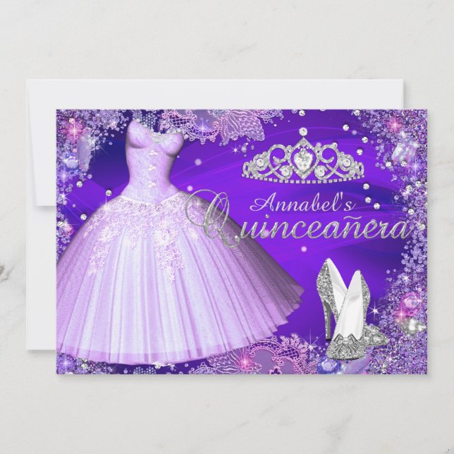 Lila Sparkle Tiara & Dress Quinceanera Einladung (Vorderseite)