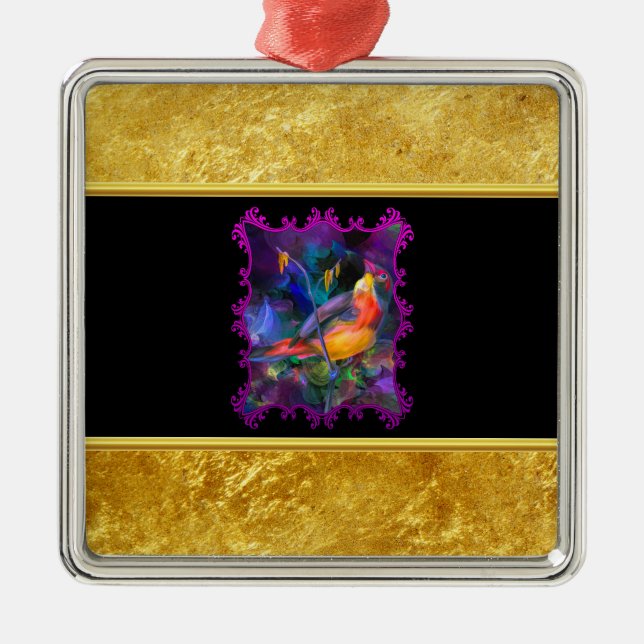 Lila Spatzen mit Goldfolie und schwarzer Textur Silbernes Ornament (Vorne)