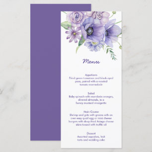 Lila Speisen, Anemonen, Rose Blumenmenü Menükarte