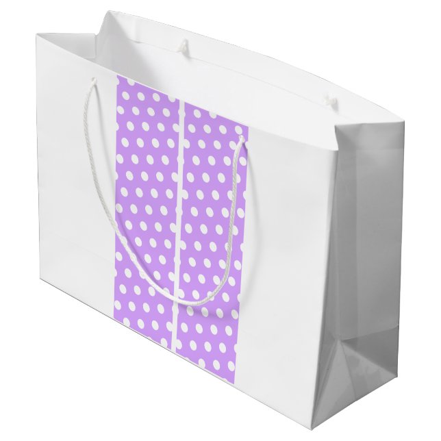 Lila, sportlich gepunktete Streifen auf weißem Gel Große Geschenktüte (Rückseite Schrägansicht)