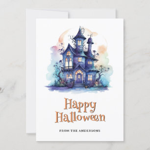 Lila Spuk House Ghost Pumpkin Halloween Card Feiertagskarte