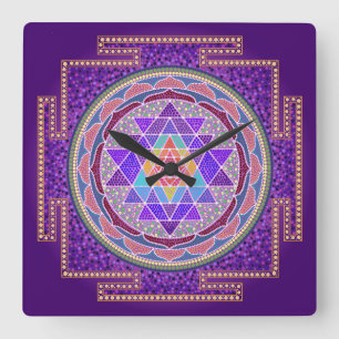 Lila Sri Yantra Wand-Uhr Quadratische Wanduhr
