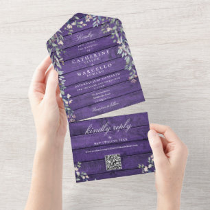 Lila Stall Rustic Wood Floral QR Code Hochzeit All In One Einladung