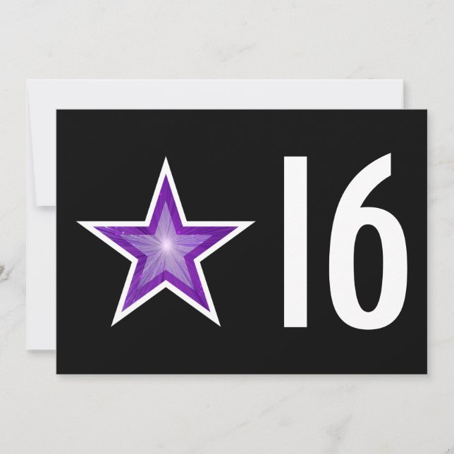 Lila Star '16' - Einladung zum Geburtstag schwarz (Vorderseite)