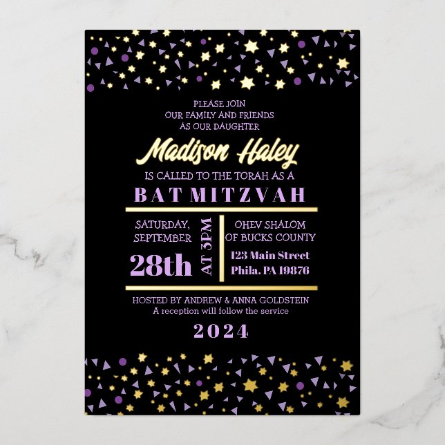 Lila Stars Bar Bat Mitzvah Einladung Gold Inlay (Vorderseite)