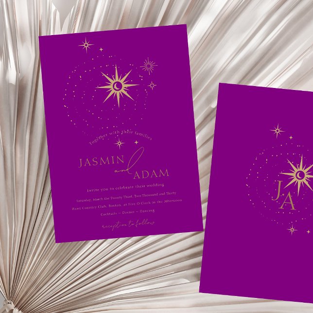 Lila Stars und Hochzeiten Folieneinladung (Celestial Purple Stars and Gold Wedding Foil Invitation)