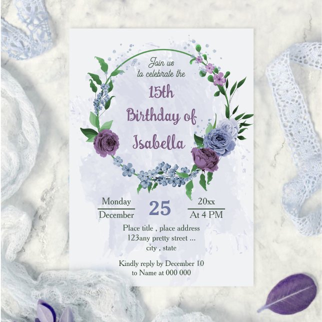 Lila staubblaue Blumen, grüne Blätter Geburtstag Einladung (Von Creator hochgeladen)