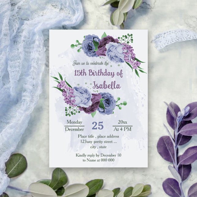 Lila staubblaue Blumen, grüne Blätter Geburtstag Einladung (Von Creator hochgeladen)