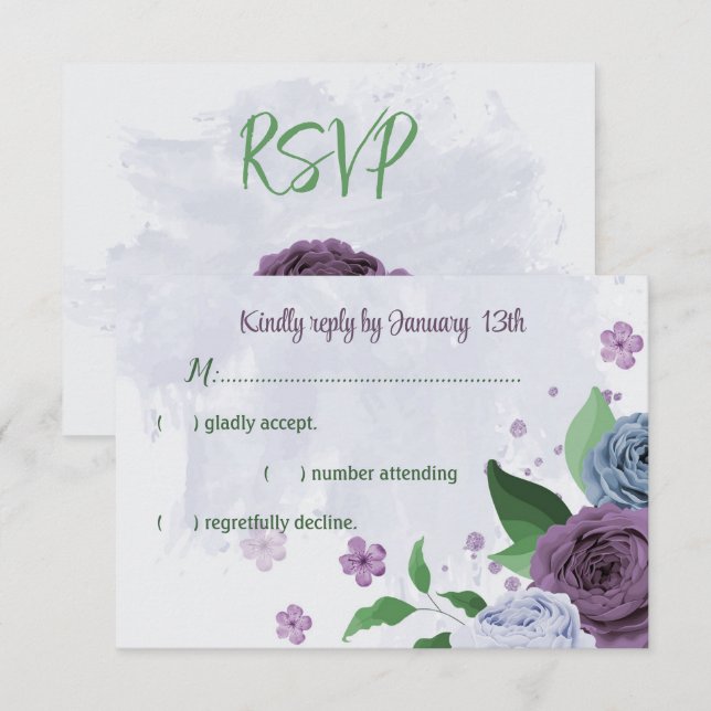 Lila staubblaue Blumen Grüne Blätter Hochzeit RSVP Karte (Vorne/Hinten)