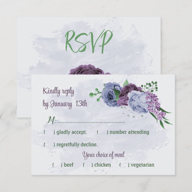 Lila staubblaue Blumen Grüne Blätter Hochzeit RSVP Karte (Vorne/Hinten)