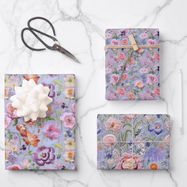 Lila Stickerei Geschenkpapier Set (Vorderseite)