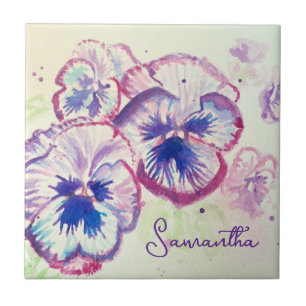 Lila Stiefmütterchen Aquarell Blumen Kunst Design Fliese