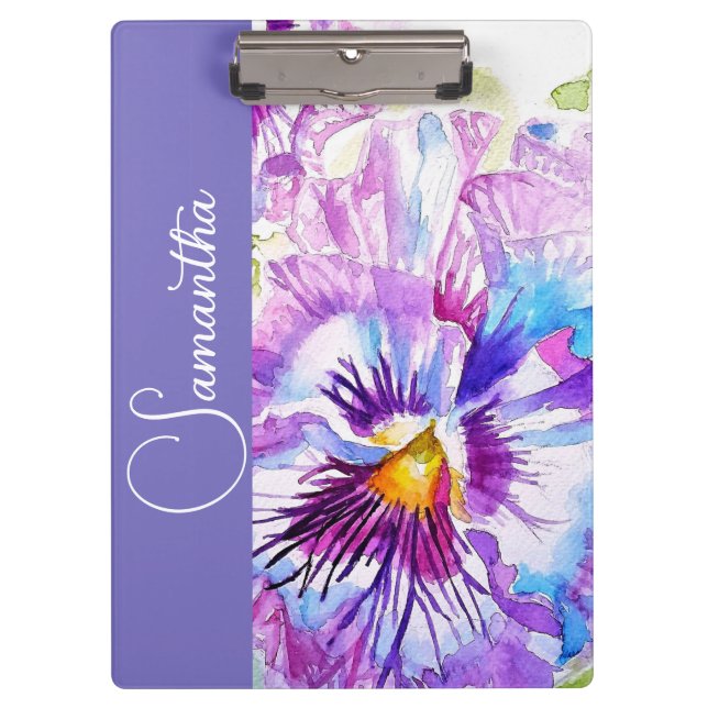Lila Stiefmütterchen Aquarell Blumen Mädchen Name  Klemmbrett (Vorderseite)