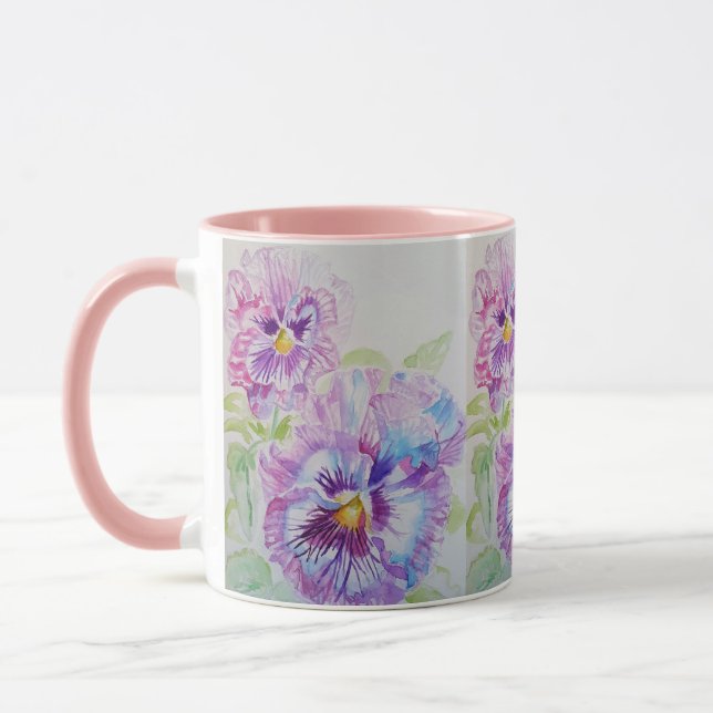 Lila Stiefmütterchen Aquarellmalerei Tasse pink (Links)