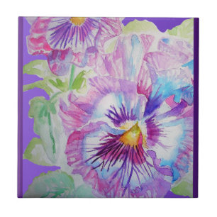 Lila Stiefmütterchen-Blumen-Wasserfarben-Blumen-Ke Fliese