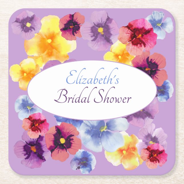 Lila Stiefmütterchen Boho Floral Brautparty Rechteckiger Pappuntersetzer (Vorderseite)