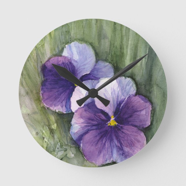 Lila StiefmütterchenViolaWatercolor Runde Wanduhr (Vorderseite)